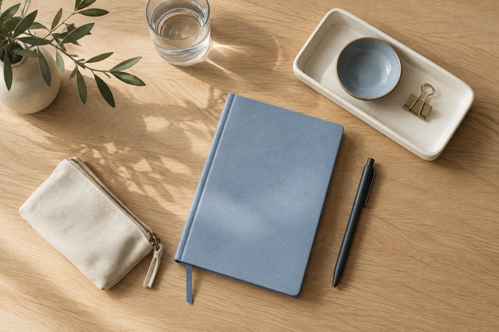 Soft-blue notebook, charcoal pen, ivory tray and canvas pouch on oak