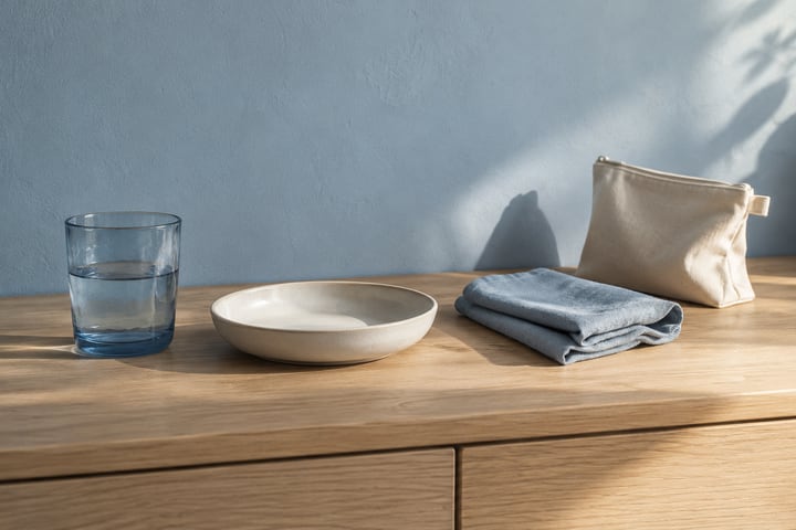 Pale blue glass, ivory dish, blue cloth and canvas pouch on a light oak console