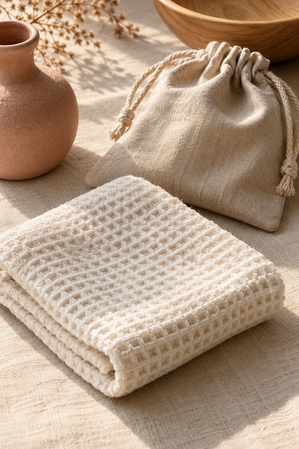 A close view of ivory waffle cotton, a beige drawstring pouch, clay ceramic and pale wood