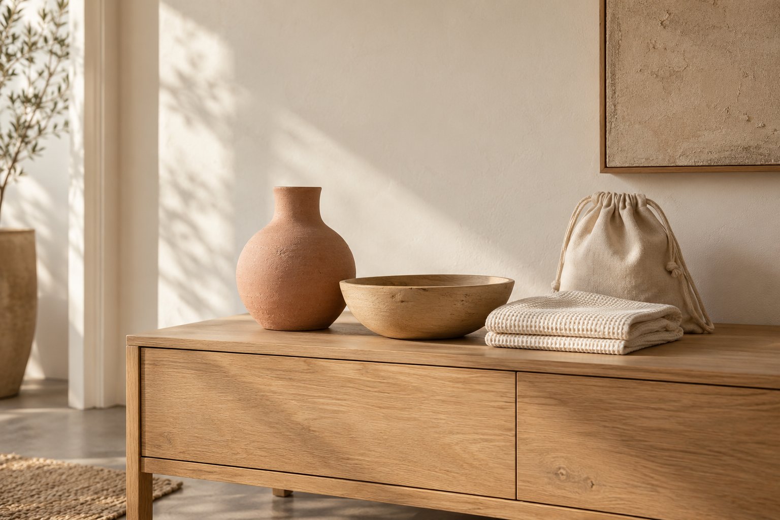 A clay vase, pale wooden bowl, folded ivory towel and canvas pouch on an oak console