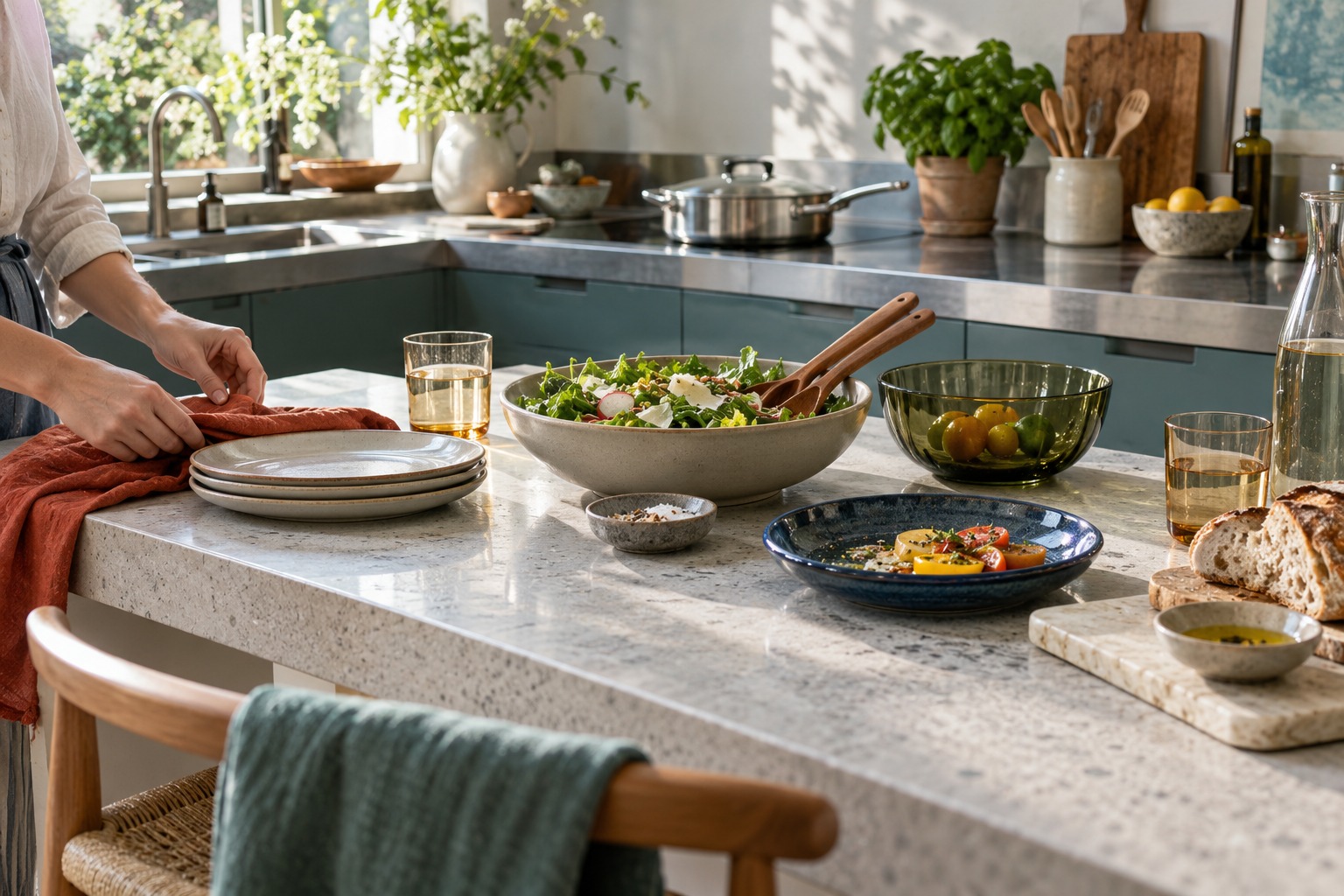 An everyday kitchen moment with mixed cookware, glassware and tableware