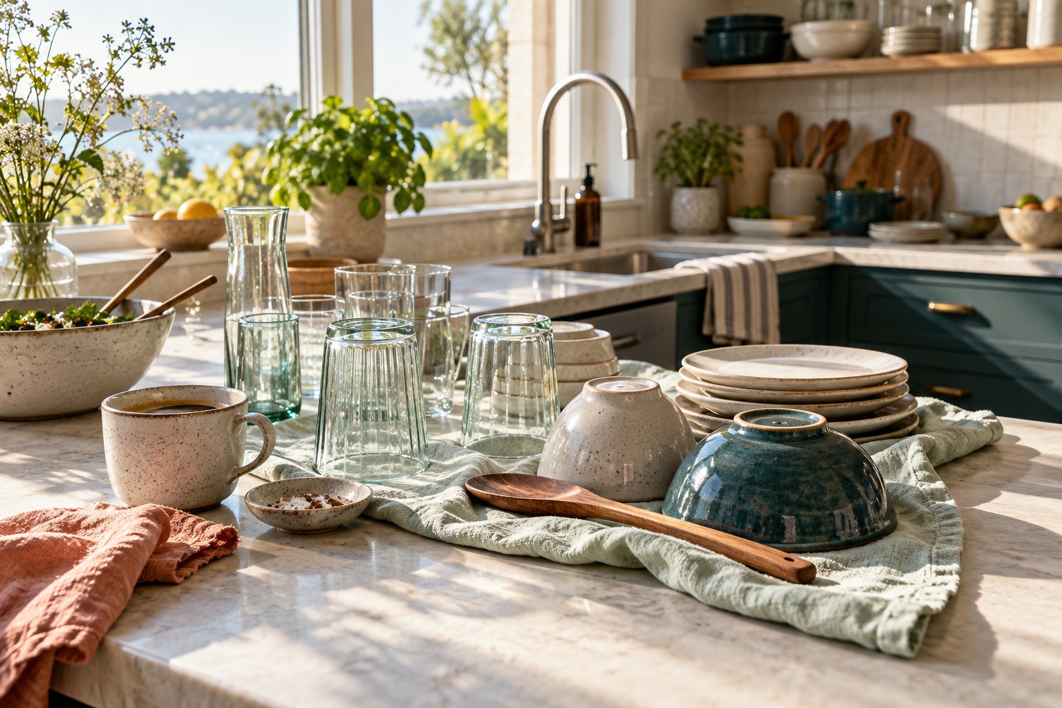 Sunlight across a calm, lived-in kitchen after a shared meal