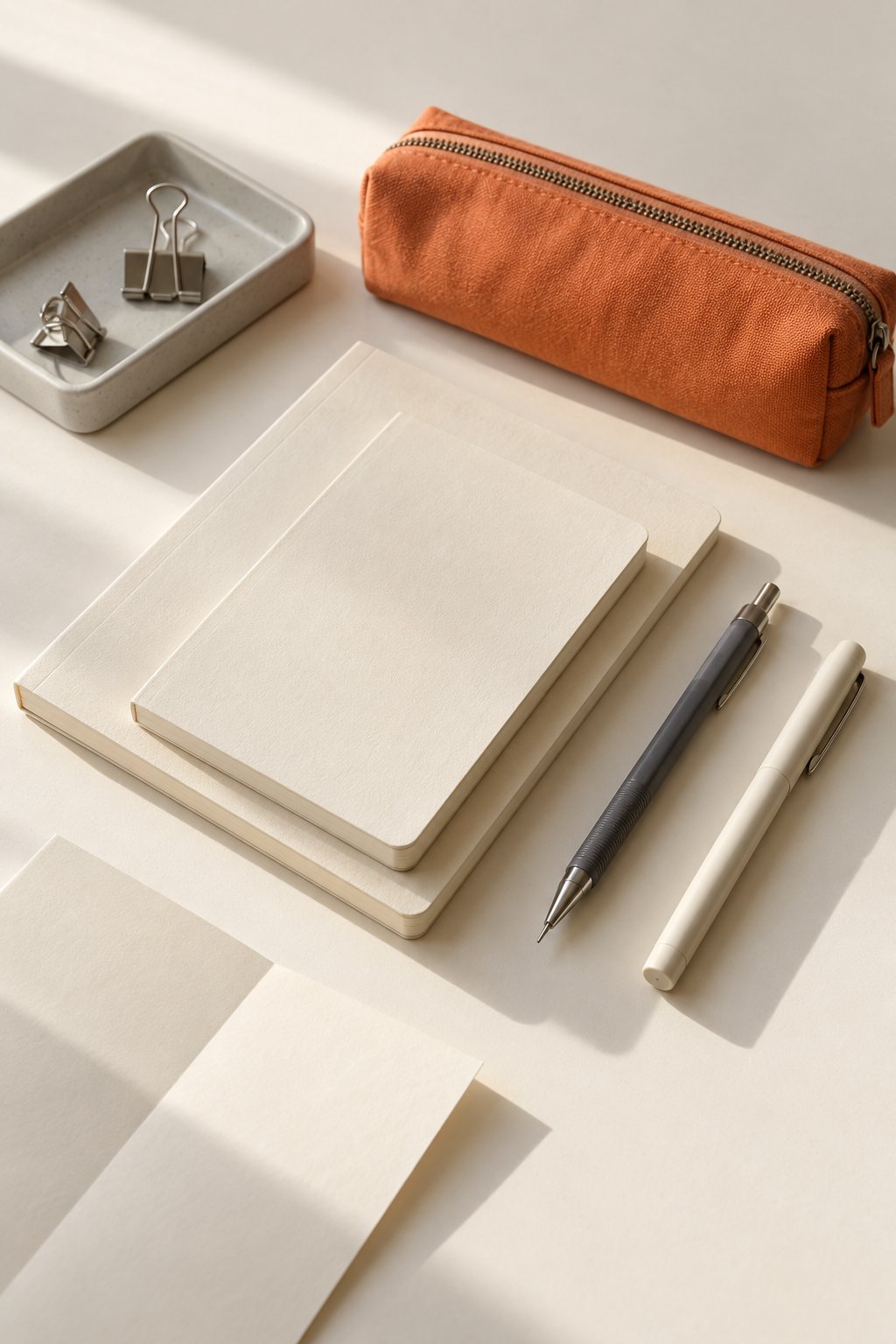 Cream notebooks, gray and ivory writing tools, an orange pencil case and binder clips on a pale desk