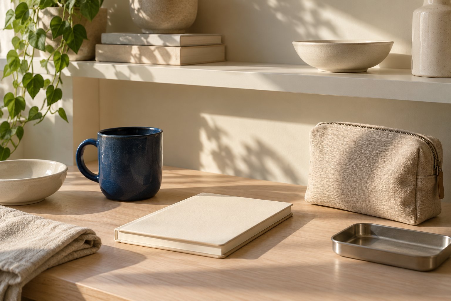 Navy ceramic mug, linen cloth, notebook and canvas pouch in a sunlit everyday setting