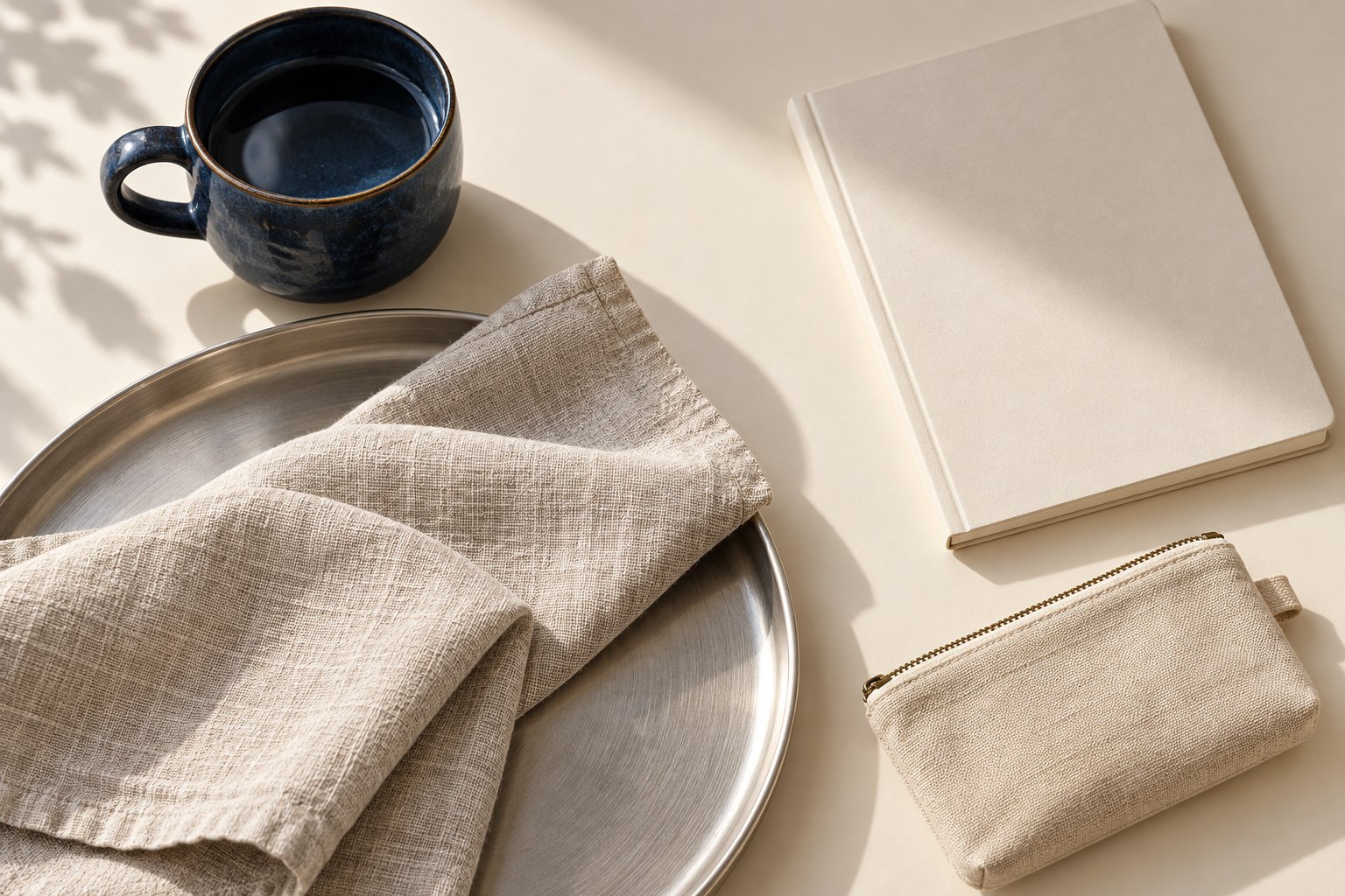 Navy ceramic cup, textured linen, metal tray, notebook and canvas pouch on a cream tabletop