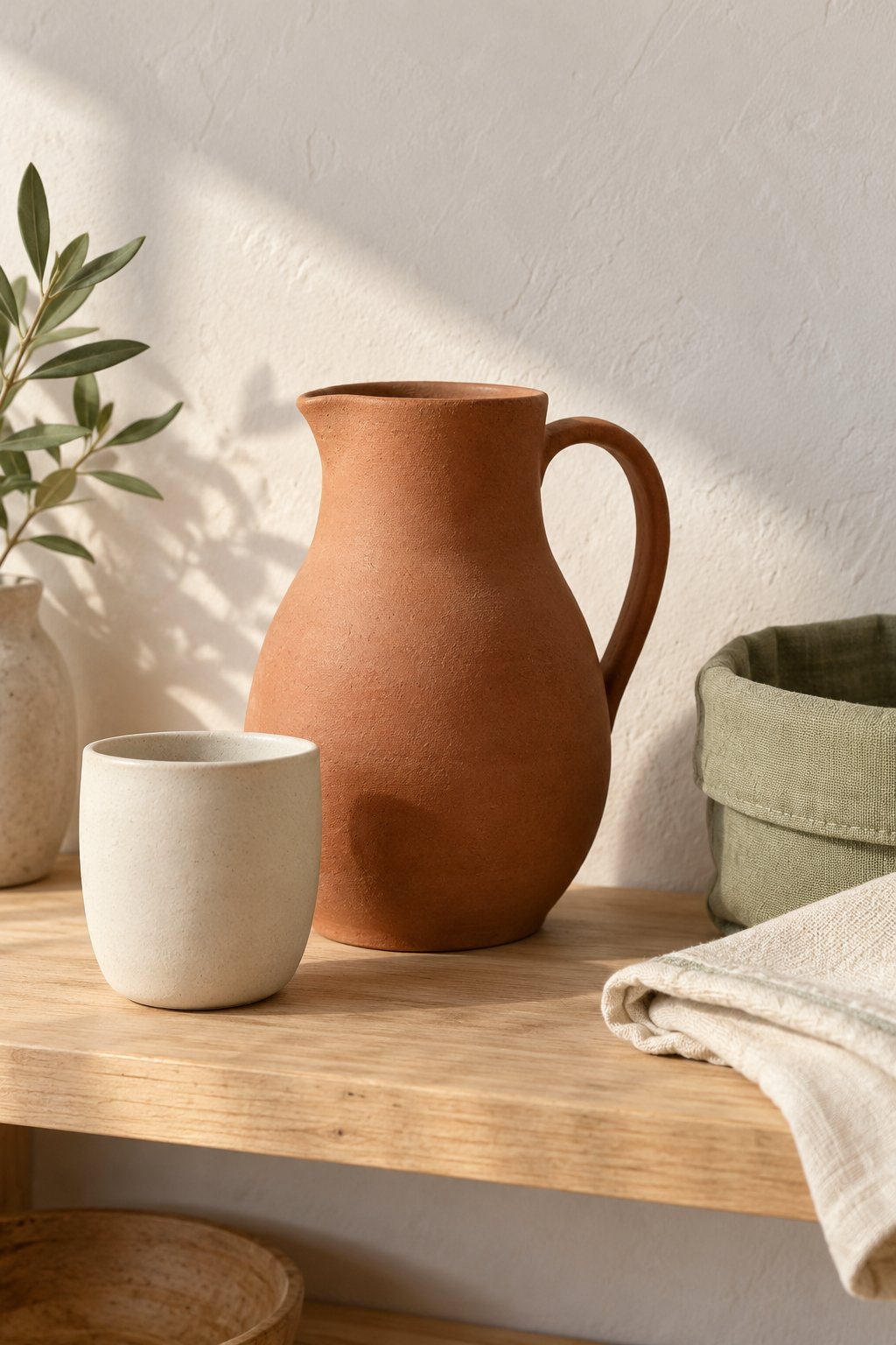 Terracotta pitcher, ivory cup and linen with a sage basket on a wooden shelf