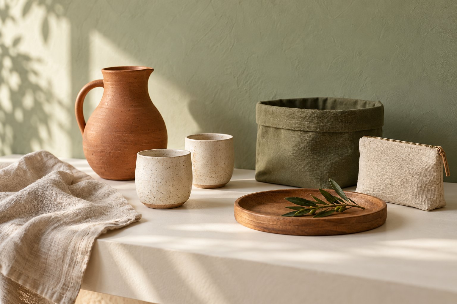 Terracotta pitcher, ivory cups, sage fabric basket, linen and canvas pouch on a light table