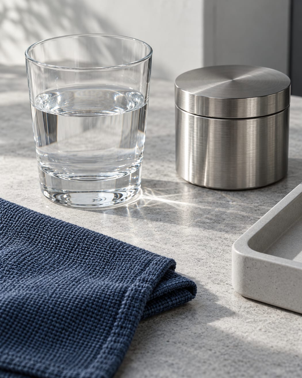 Clear glass, brushed stainless steel and slate blue woven cloth on cool stone