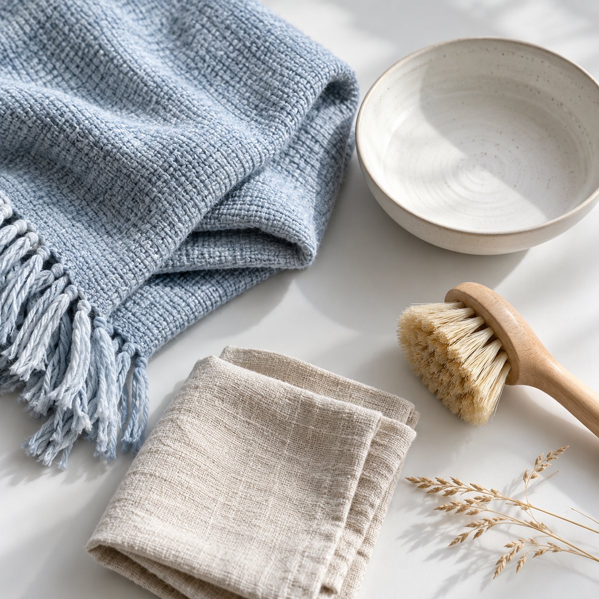 Pale blue woven textile, ceramic dish, wood-handled brush and oatmeal cloth