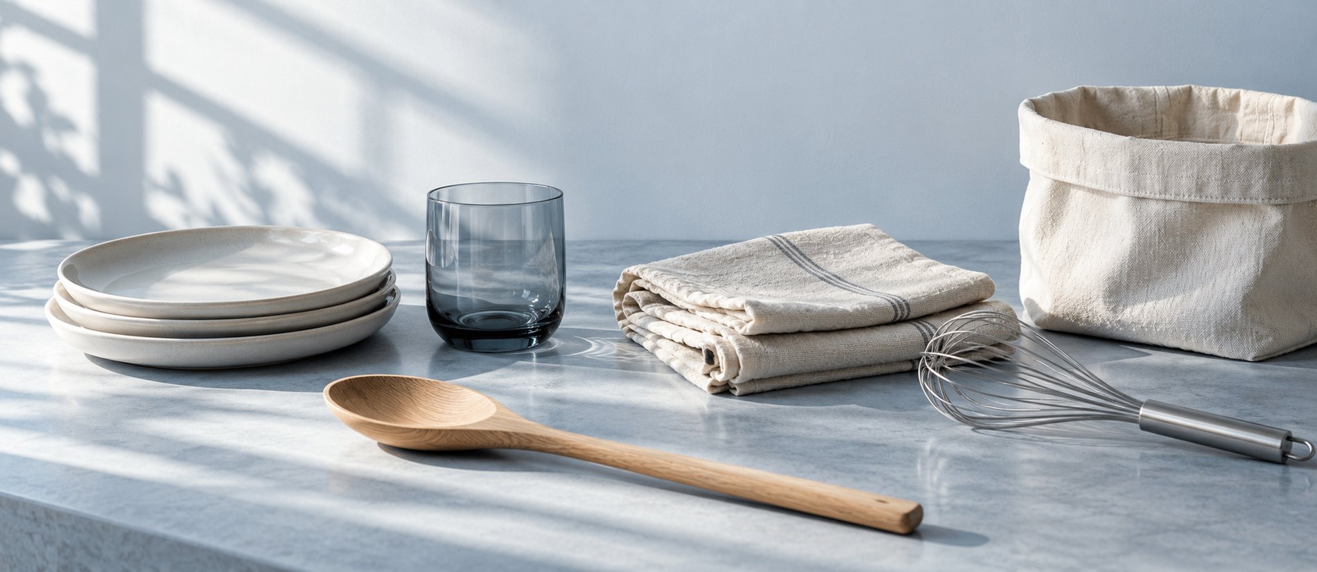 Ceramic plates, glass, folded cloths, wood spoon, whisk and a cloth basket on a blue-grey counter
