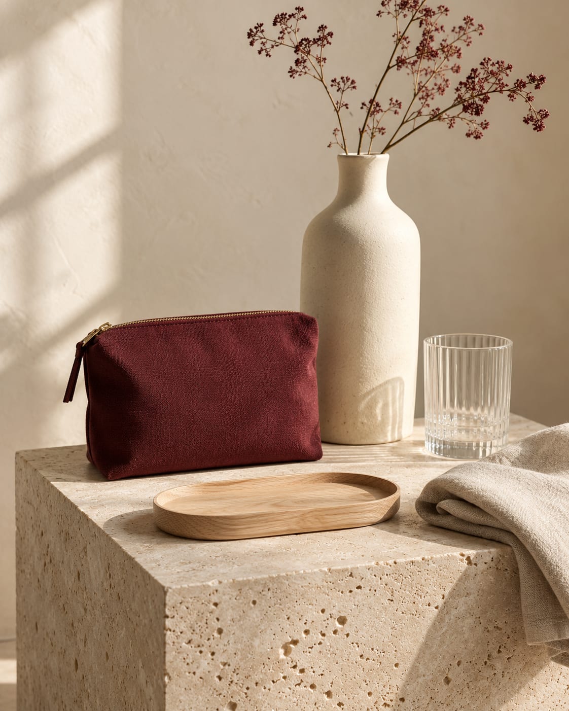 Burgundy fabric pouch, ivory vase, ribbed glass and natural linen on light stone