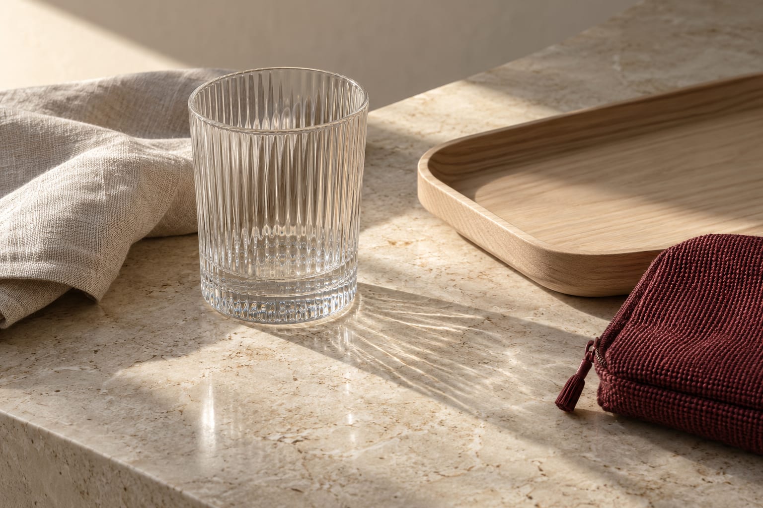 Ribbed glass, natural linen, pale wood tray and burgundy woven pouch on cream stone