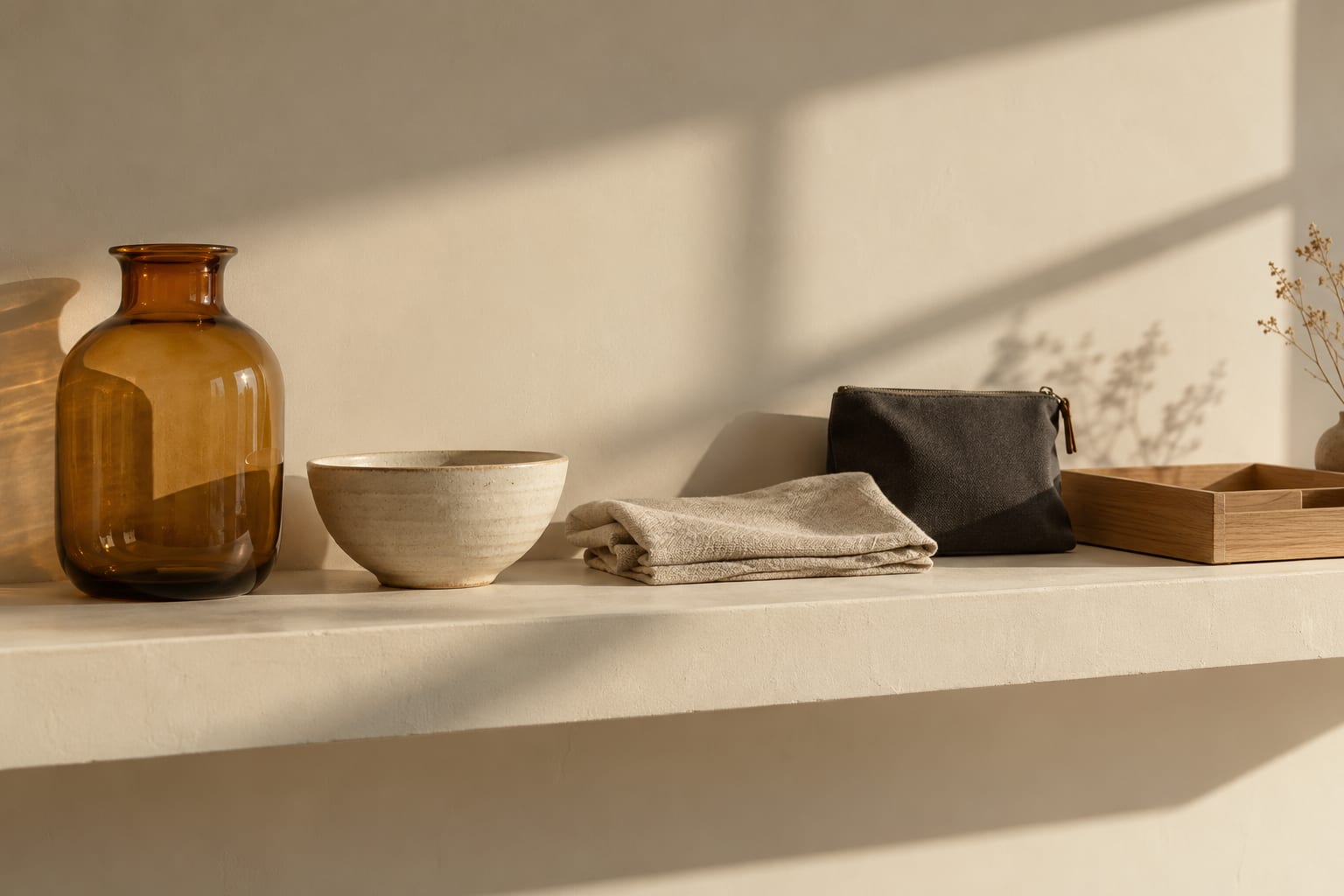 Amber vessel, ivory bowl, folded cloth, charcoal pouch and pale wood tray on a sunlit shelf