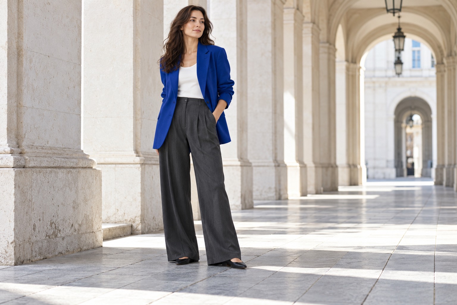 Adult woman in unbranded fully clothed contemporary outfit in a bright fashion studio