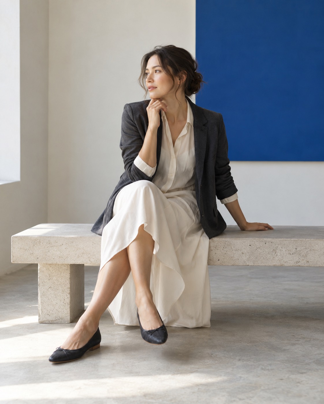 Adult woman in unbranded everyday womenswear, fully dressed in a bright studio