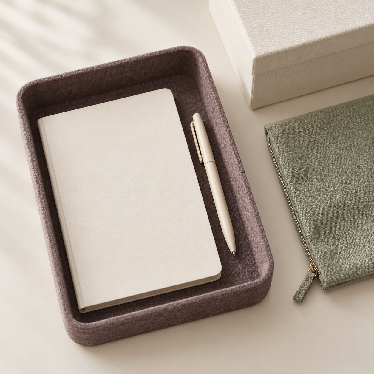 A muted plum felt tray with an ivory notebook and cream pen, a sage pouch and a white storage box