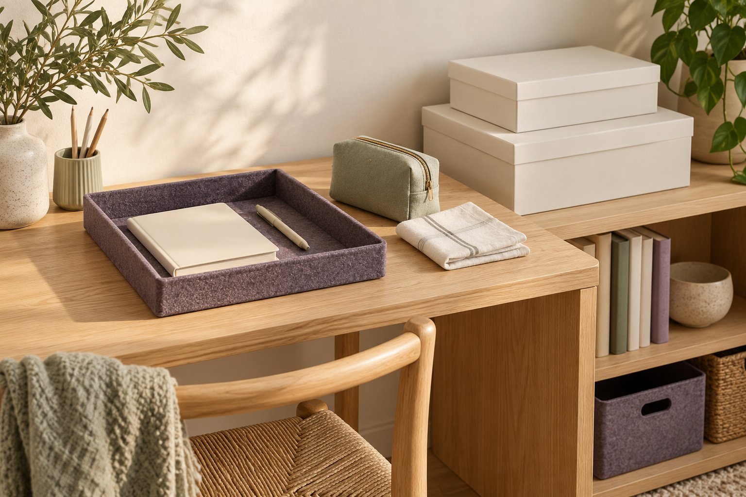 Ivory storage boxes, a muted plum felt tray and a sage fabric pouch on a pale oak desk