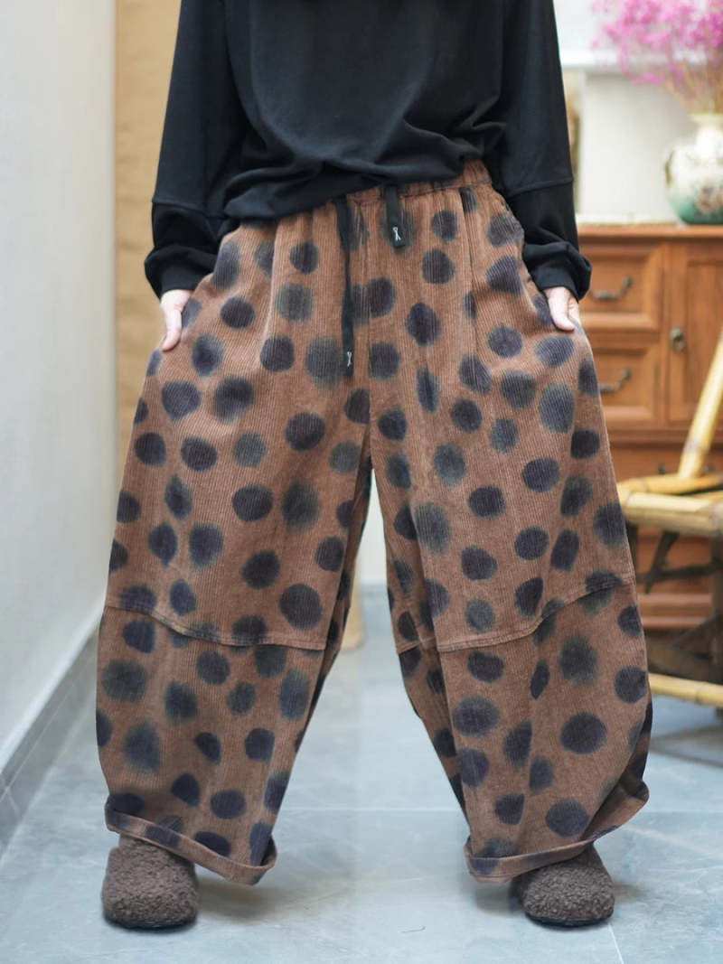 Women Vintage Loose Cotton Corduroy Casual Wide-Leg Pants
