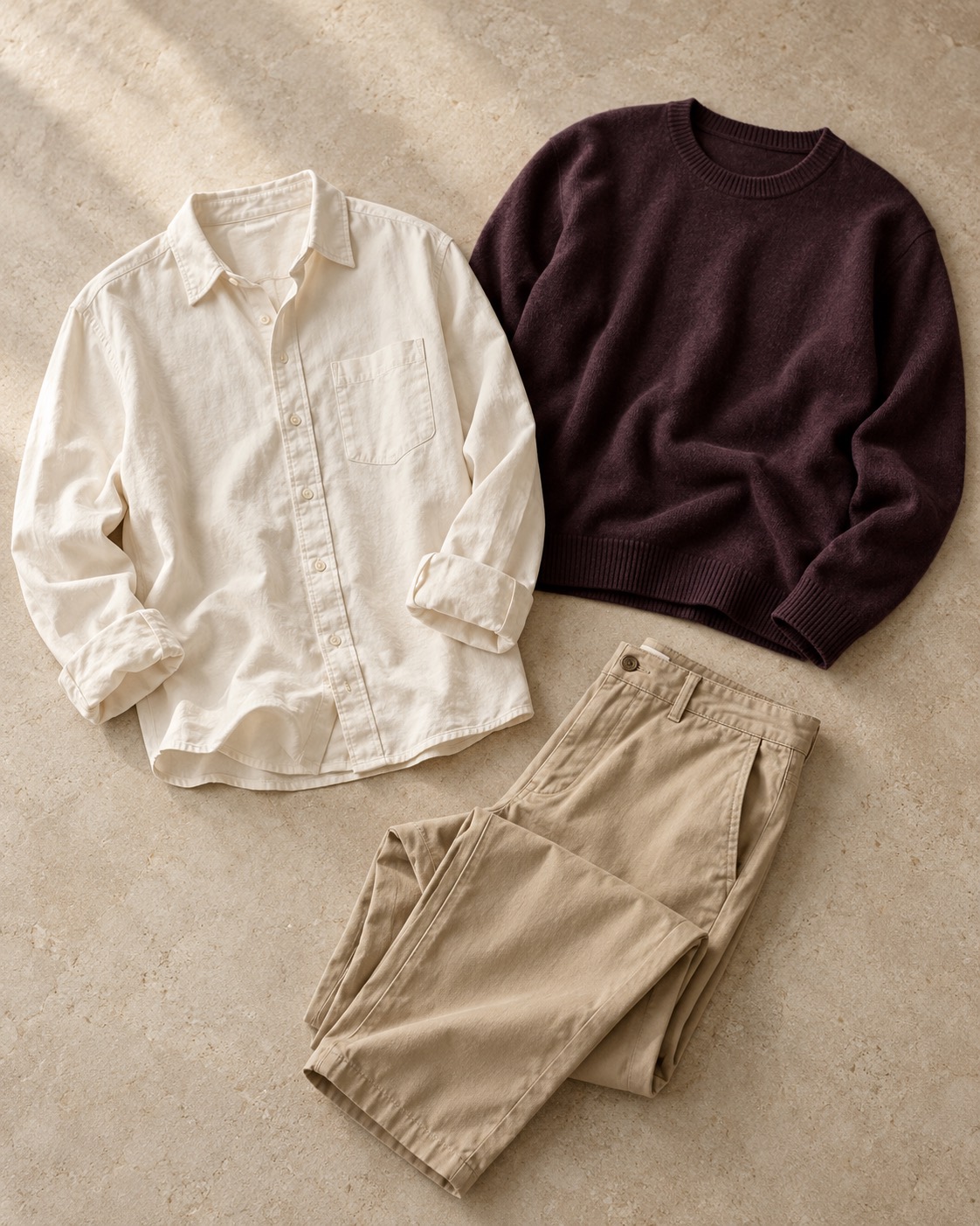 Unbranded clothing pieces styled together as an editorial image