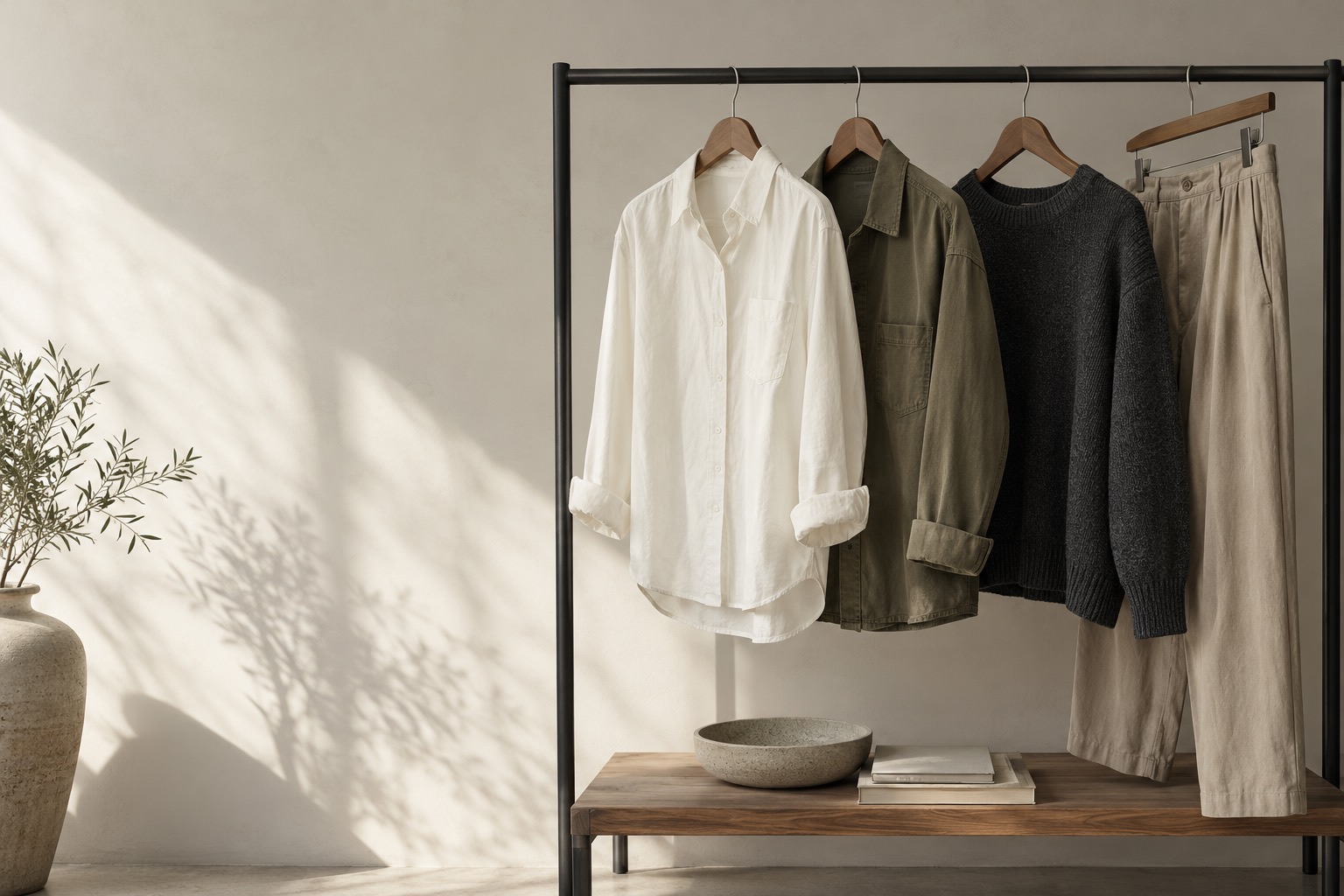 Unbranded garments arranged on a clothing rail in a bright studio