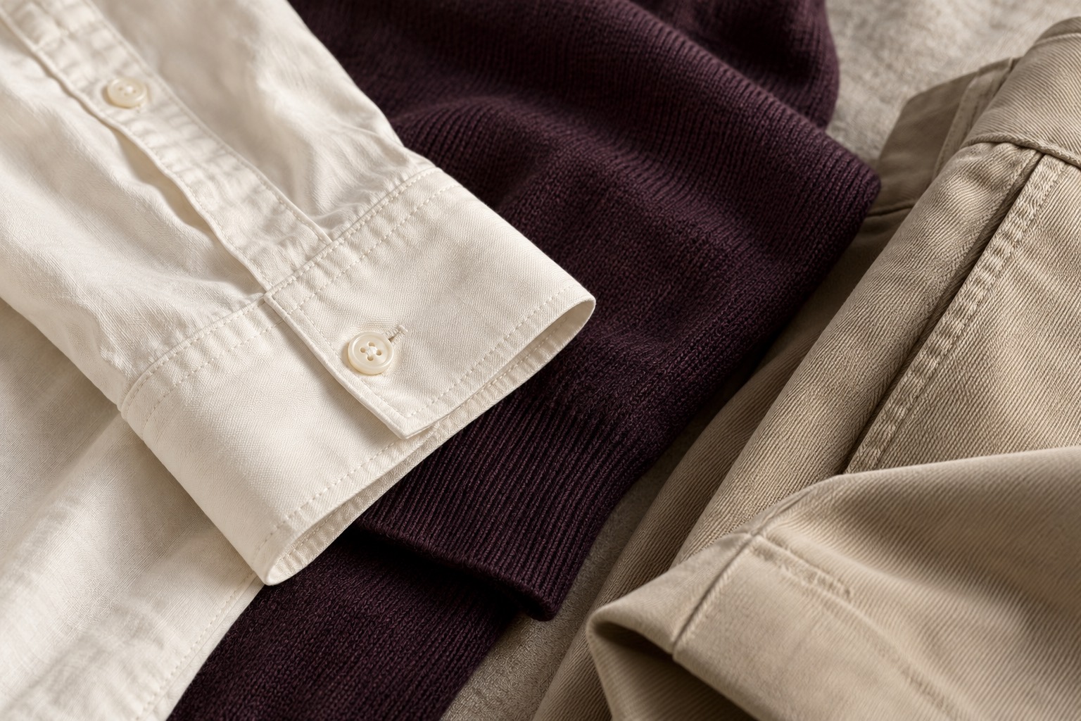 Close-up editorial view of neutral woven garments and fabric texture