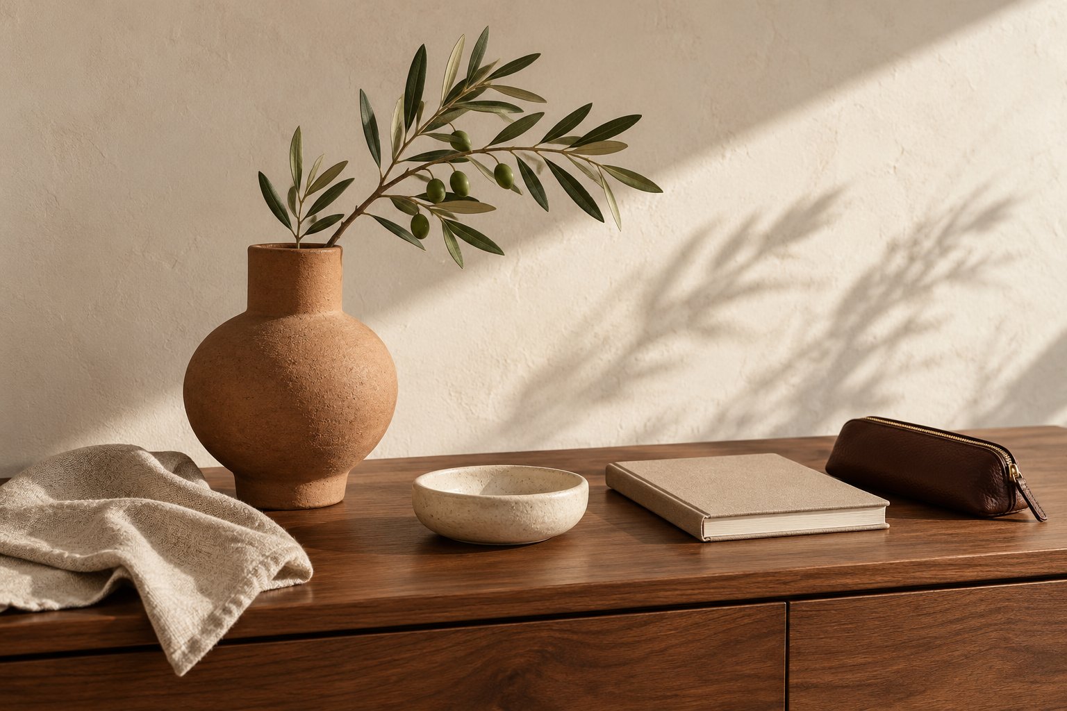 Illustrative still life of everyday objects in warm ivory, walnut and terracotta