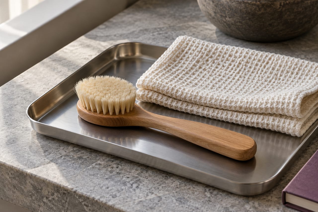 Wooden brush and ivory textured cloth on a brushed metal tray