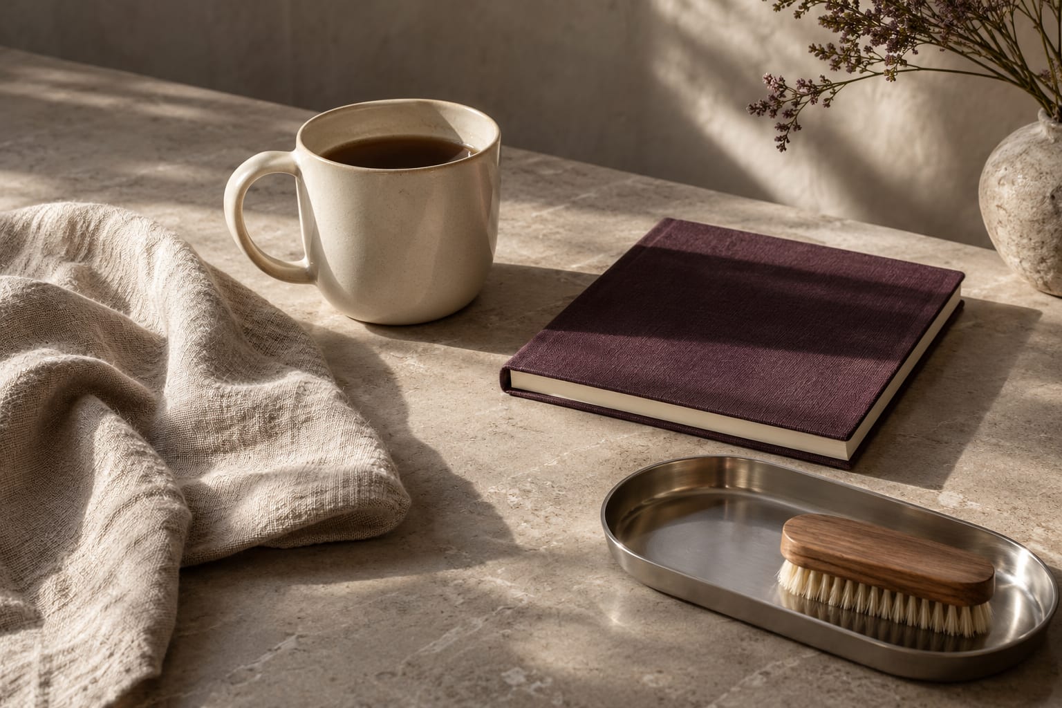 Ceramic mug, notebook, cotton cloth and everyday objects in a sunlit still life