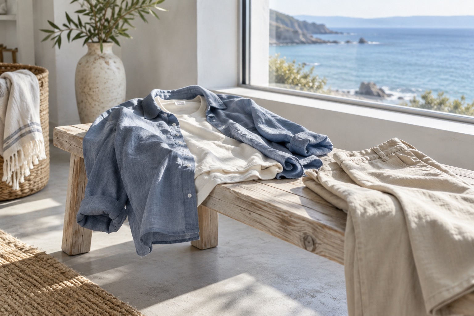 Unbranded garments and accessories in a coastal-inspired editorial arrangement