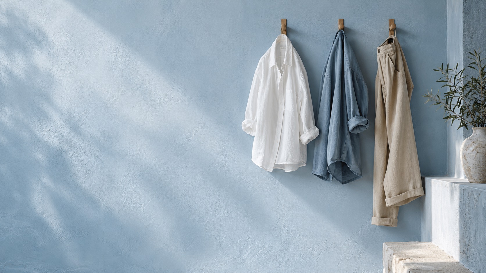 Editorial view of unbranded clothing in a coastal-inspired setting