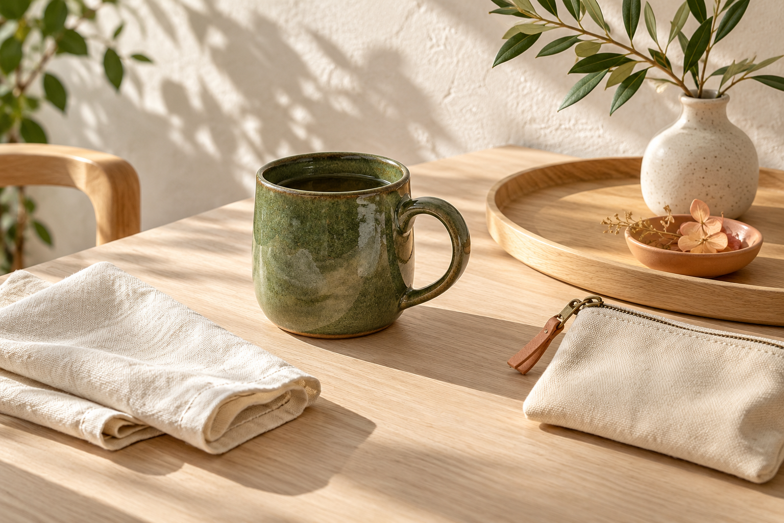 A green ceramic mug, folded ivory cotton cloth, wood tray and canvas pouch in soft daylight