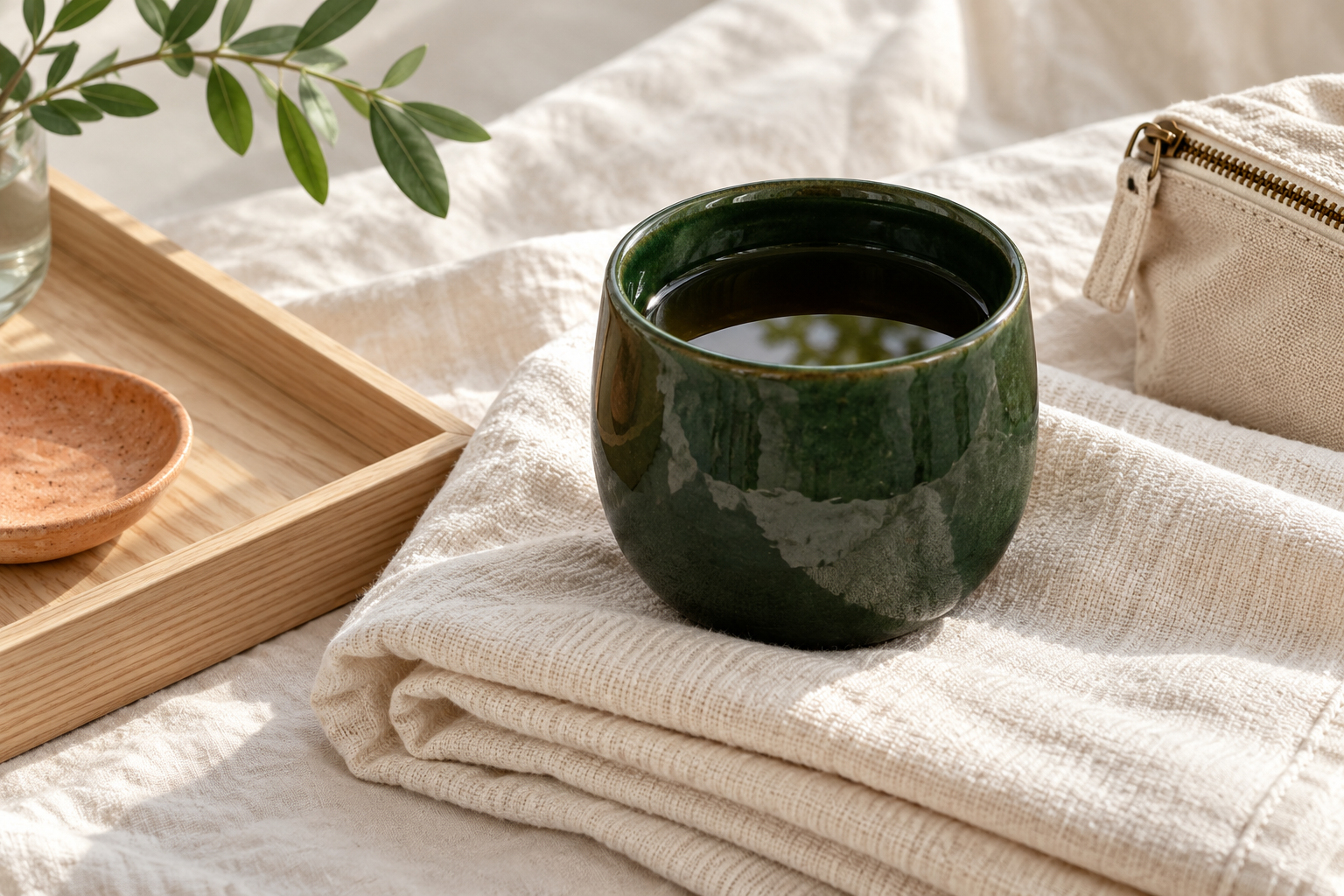 Close view of dark green ceramic, folded ivory cotton, pale wood and a canvas pouch