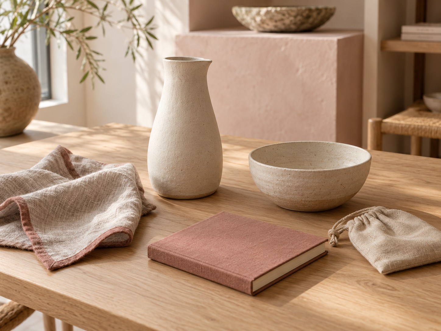 Ivory ceramic carafe and bowl, rose notebook, folded linen and canvas pouch on an oak table