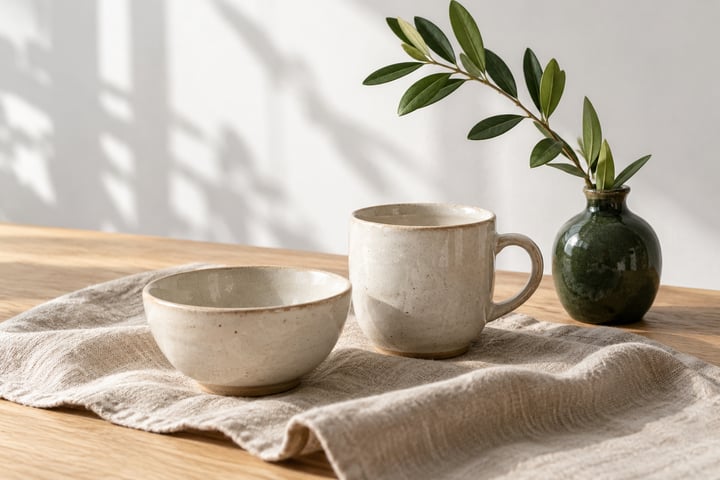 Cream ceramic cup and bowl on natural linen with a green vase