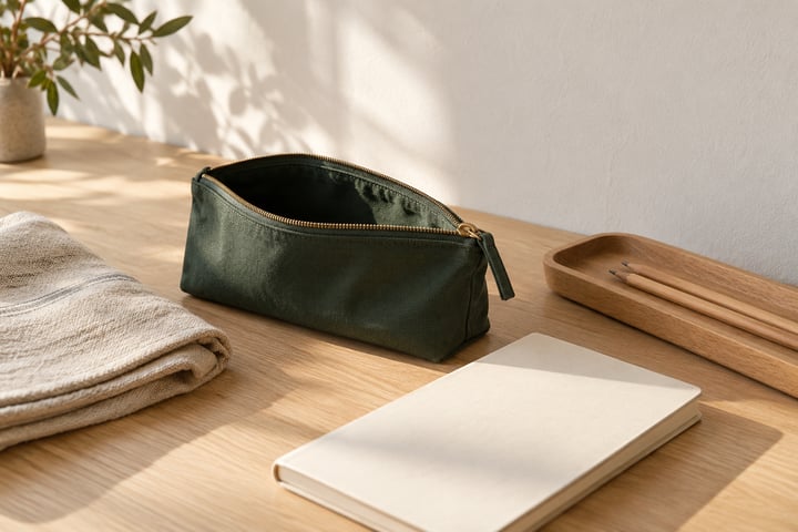 Green cotton pouch, cream notebook and wooden tray on a pale oak desk