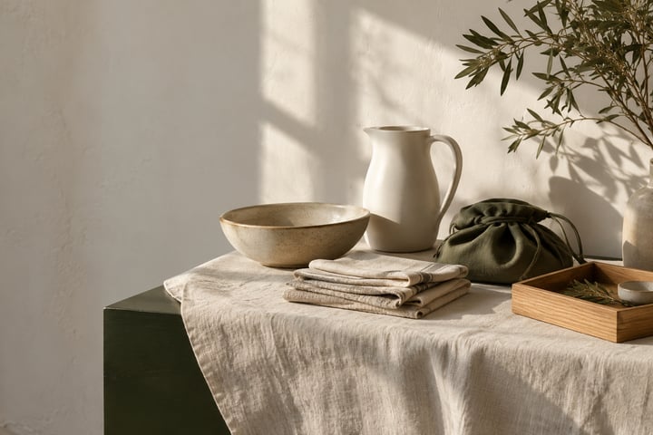 Ivory ceramics, linen and a forest green pouch in a light studio