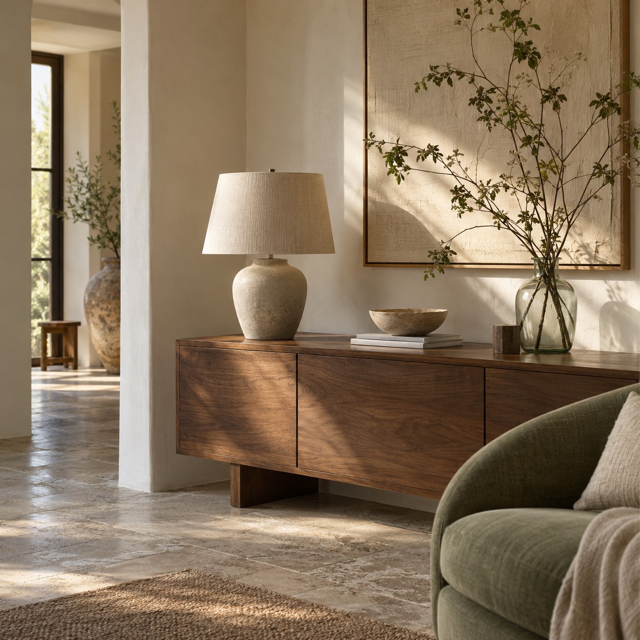 A warm minimalist interior with natural materials