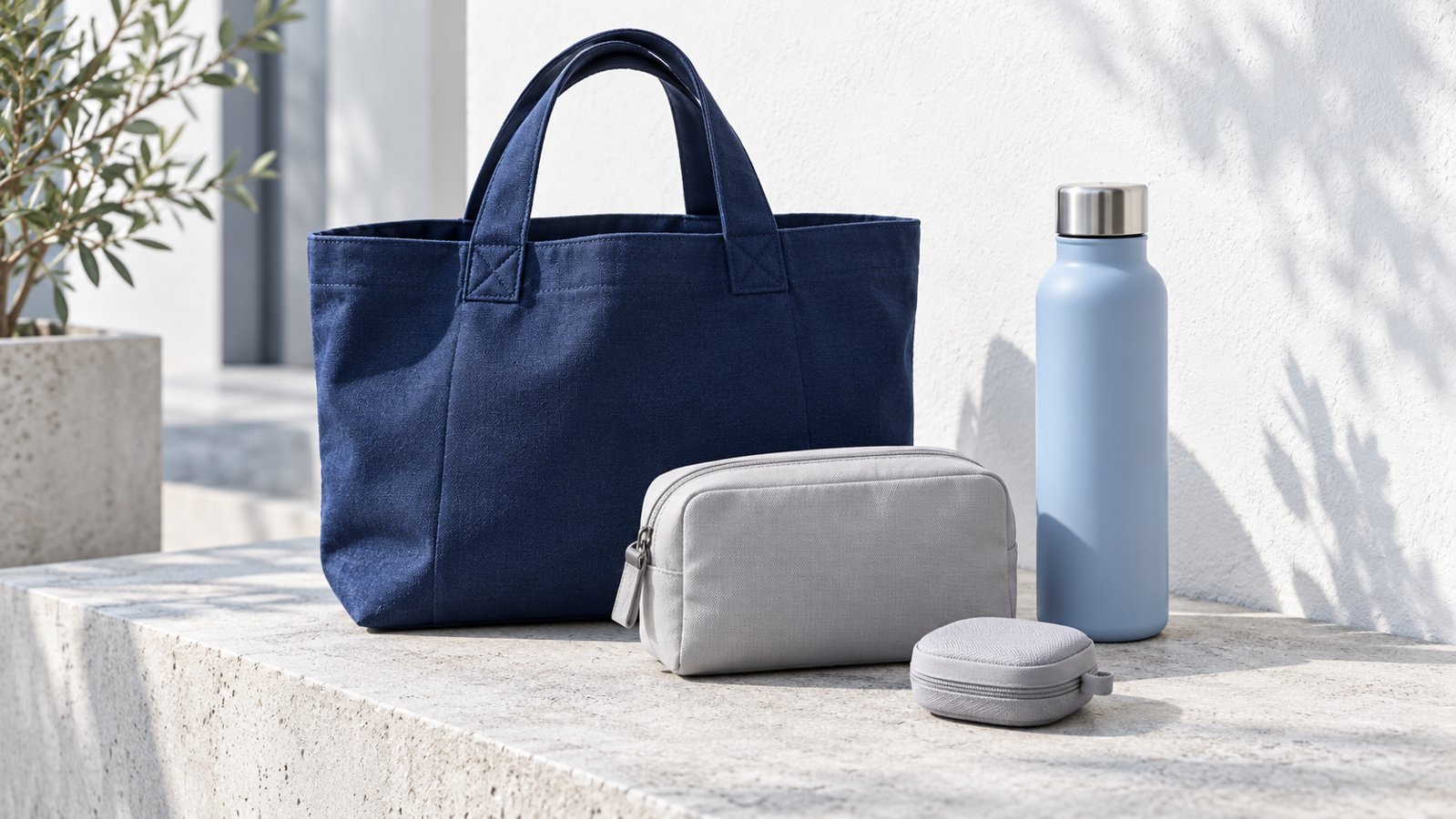 Illustrative everyday bag, bottle and travel pouches on a pale stone bench