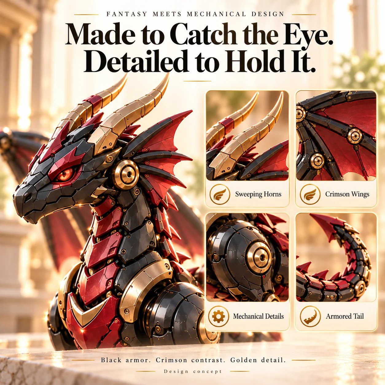 🐉 Mechanical Dragon Egg – Black & Crimson Dragon with Folding Wings & Armored Details