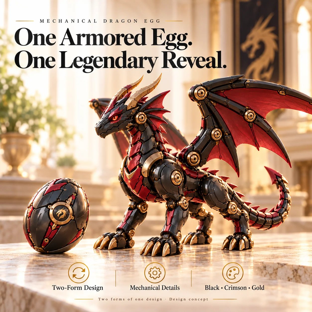 🐉 Mechanical Dragon Egg – Black & Crimson Dragon with Folding Wings & Armored Details
