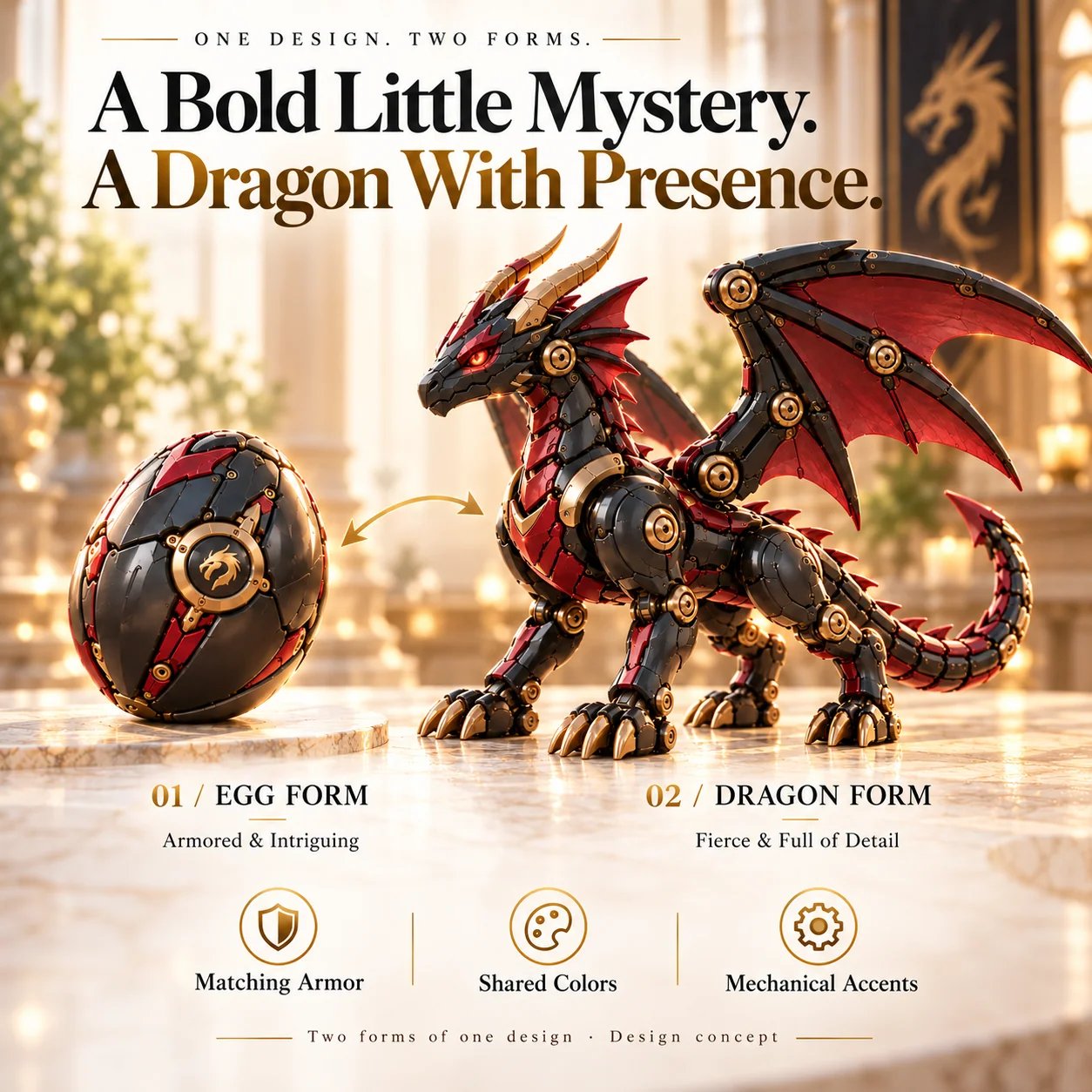 🐉 Mechanical Dragon Egg – Black & Crimson Dragon with Folding Wings & Armored Details