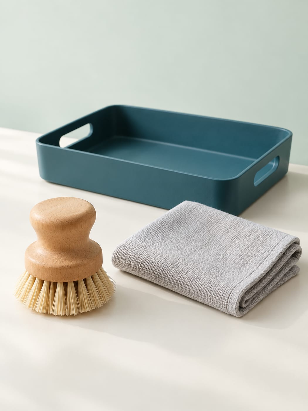 Wood-handled brush, folded gray cloth and deep-teal storage tray