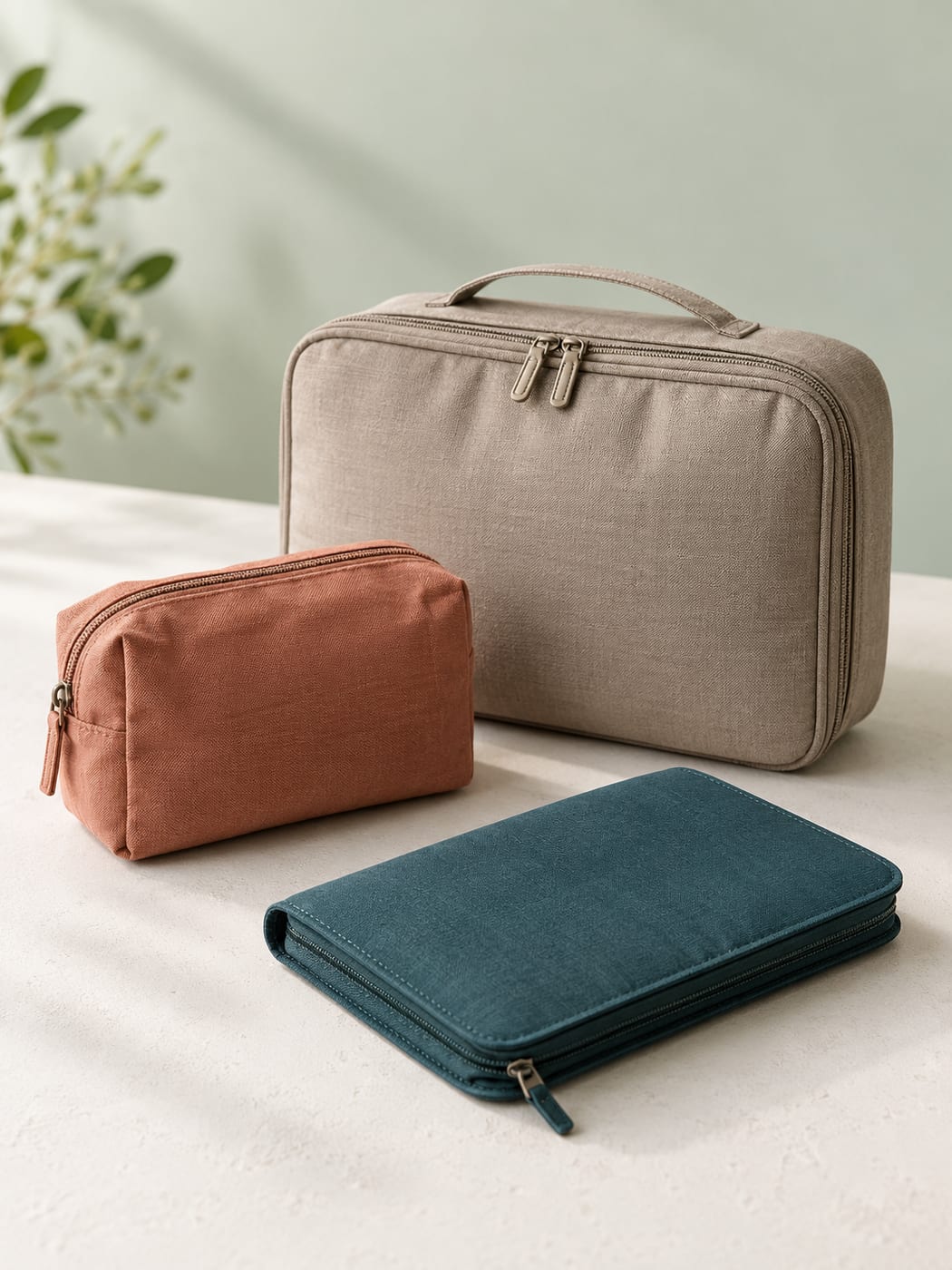 Greige travel case, terracotta pouch and a deep-teal slim organizer