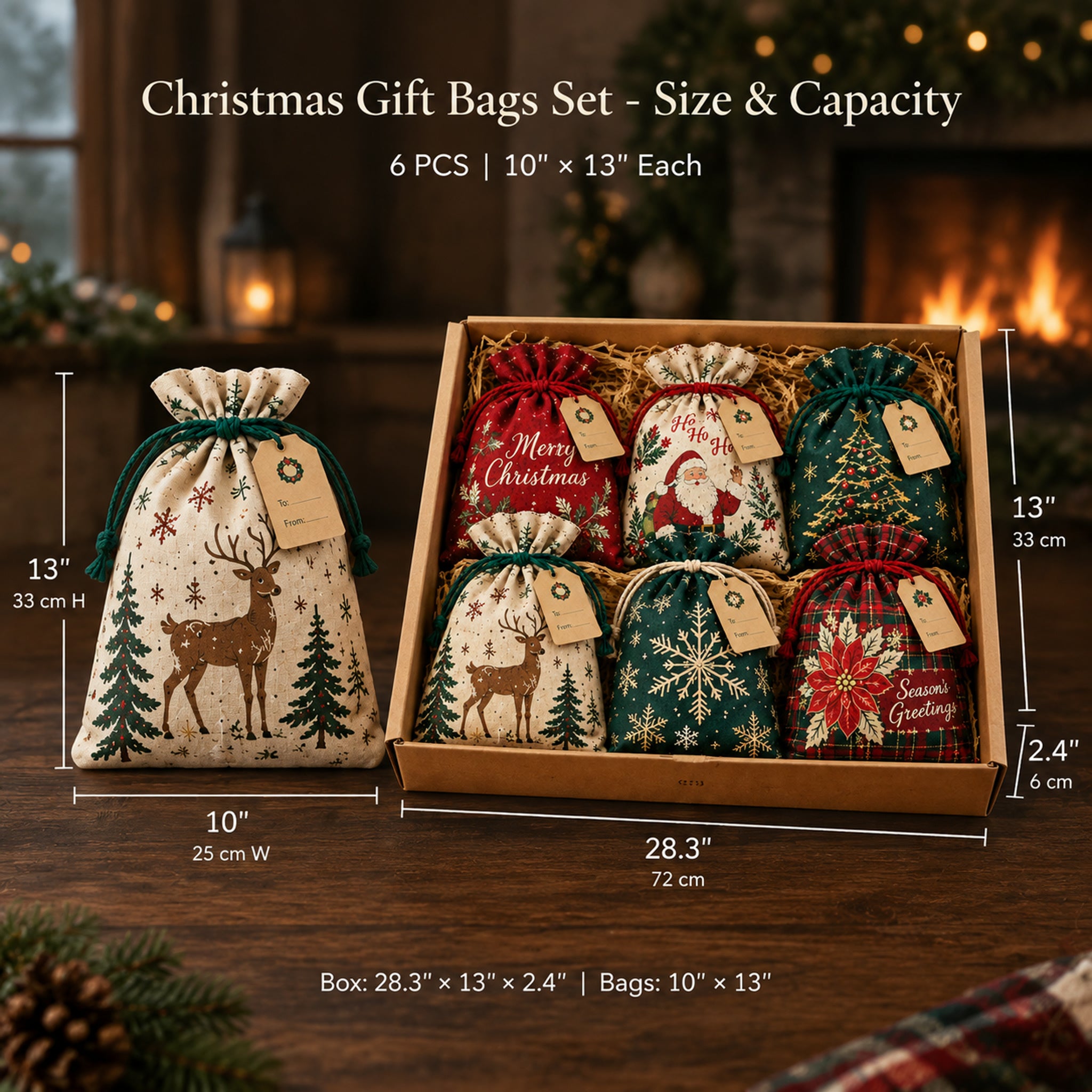 🎁 Christmas Gift Sacks 6pcs – Santa & Reindeer Linen Drawstring Pouches ✨