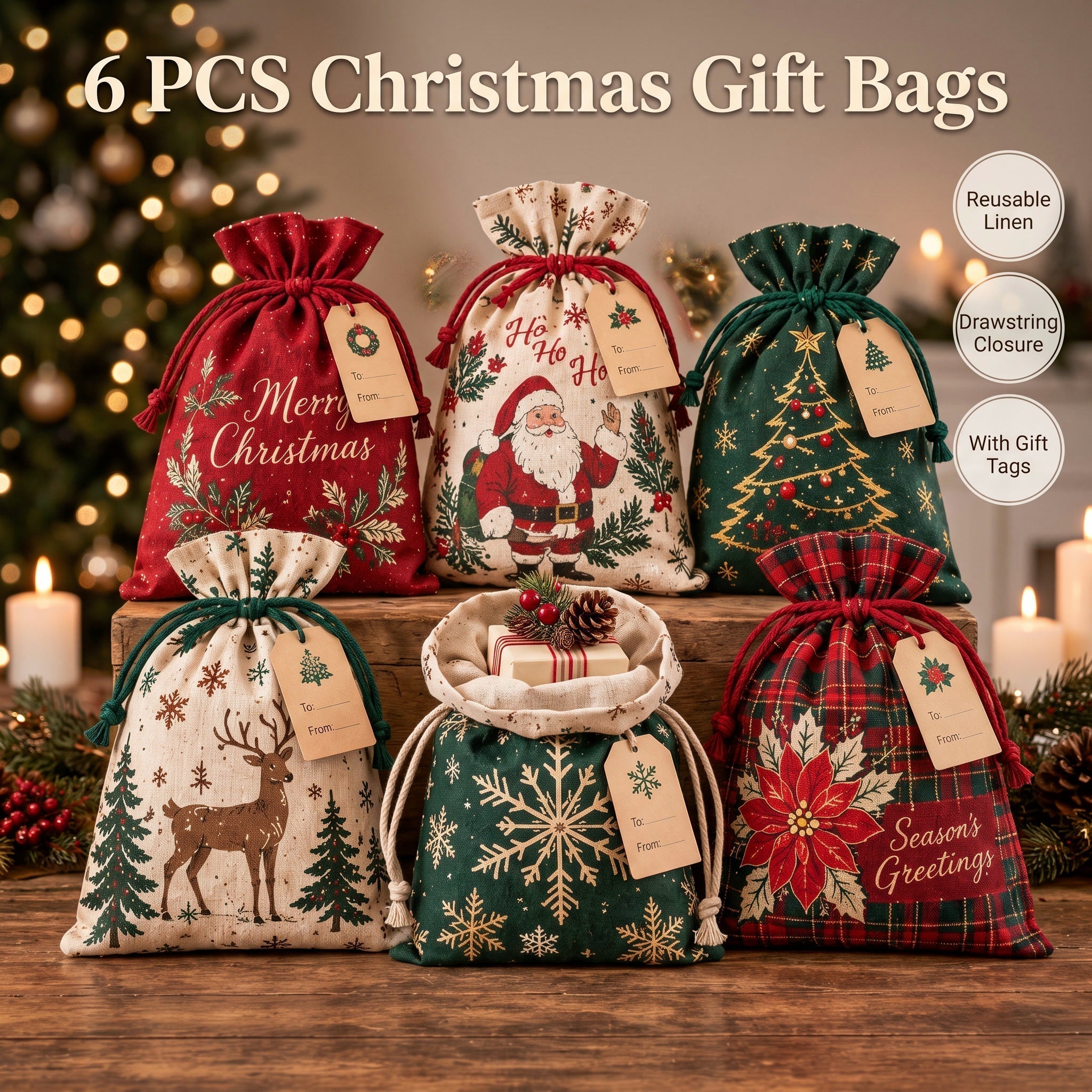 🎁 Christmas Gift Sacks 6pcs – Santa & Reindeer Linen Drawstring Pouches ✨