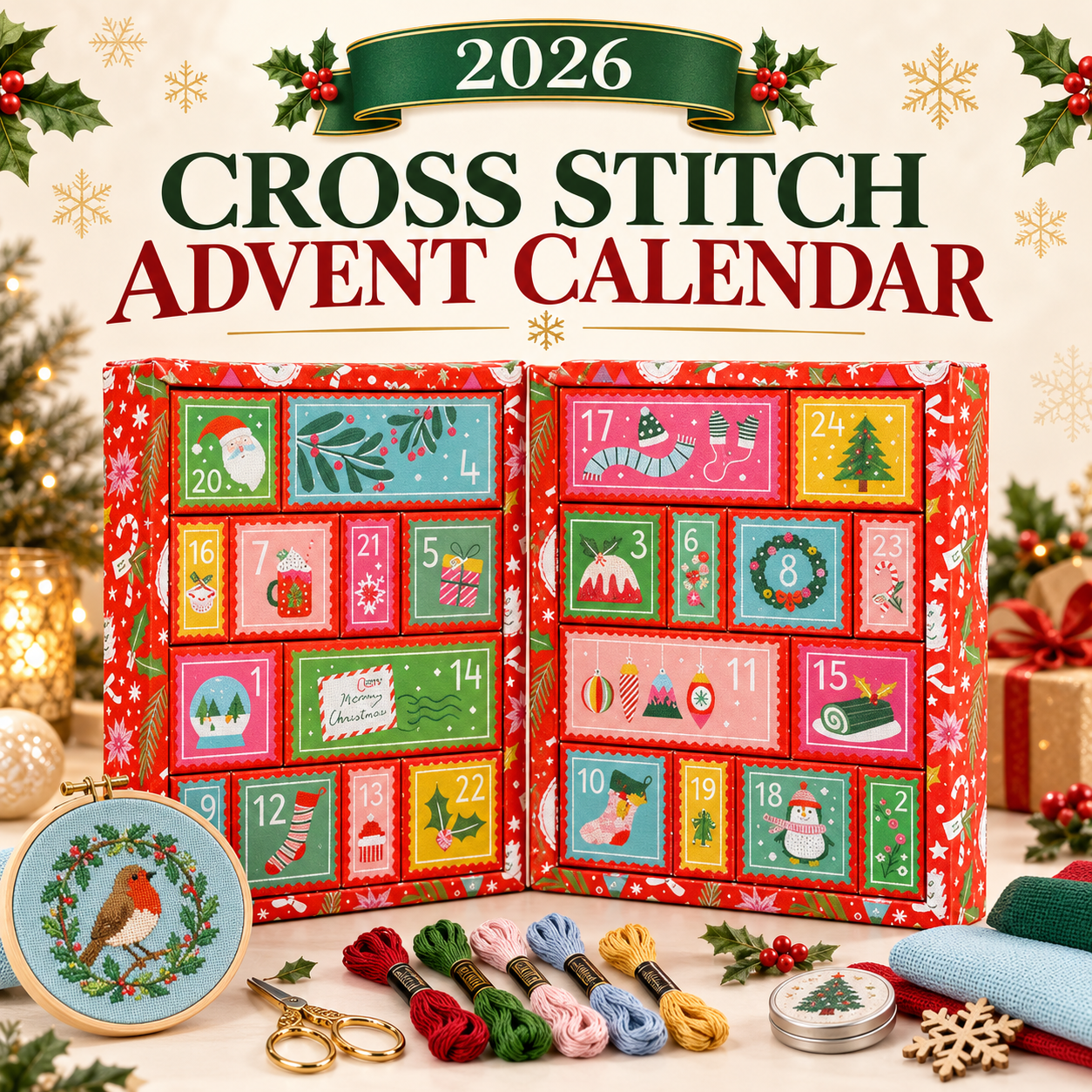 🧵 24-Day Cross Stitch Advent Calendar – Daily Stitching Kit Countdown 🎄