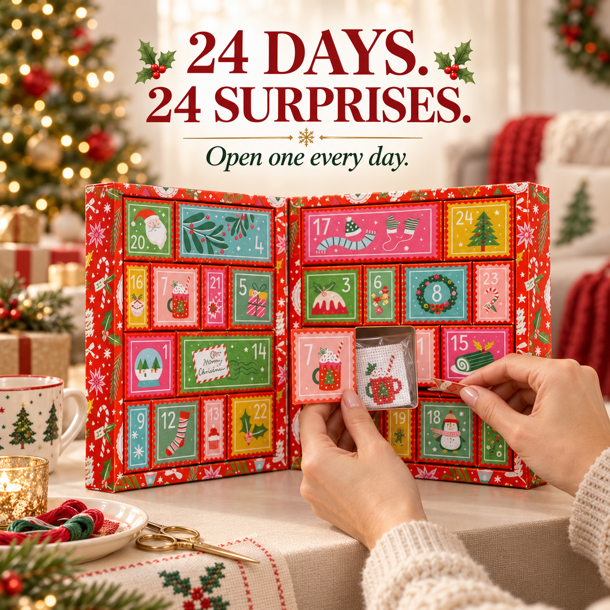 🧵 24-Day Cross Stitch Advent Calendar – Daily Stitching Kit Countdown 🎄
