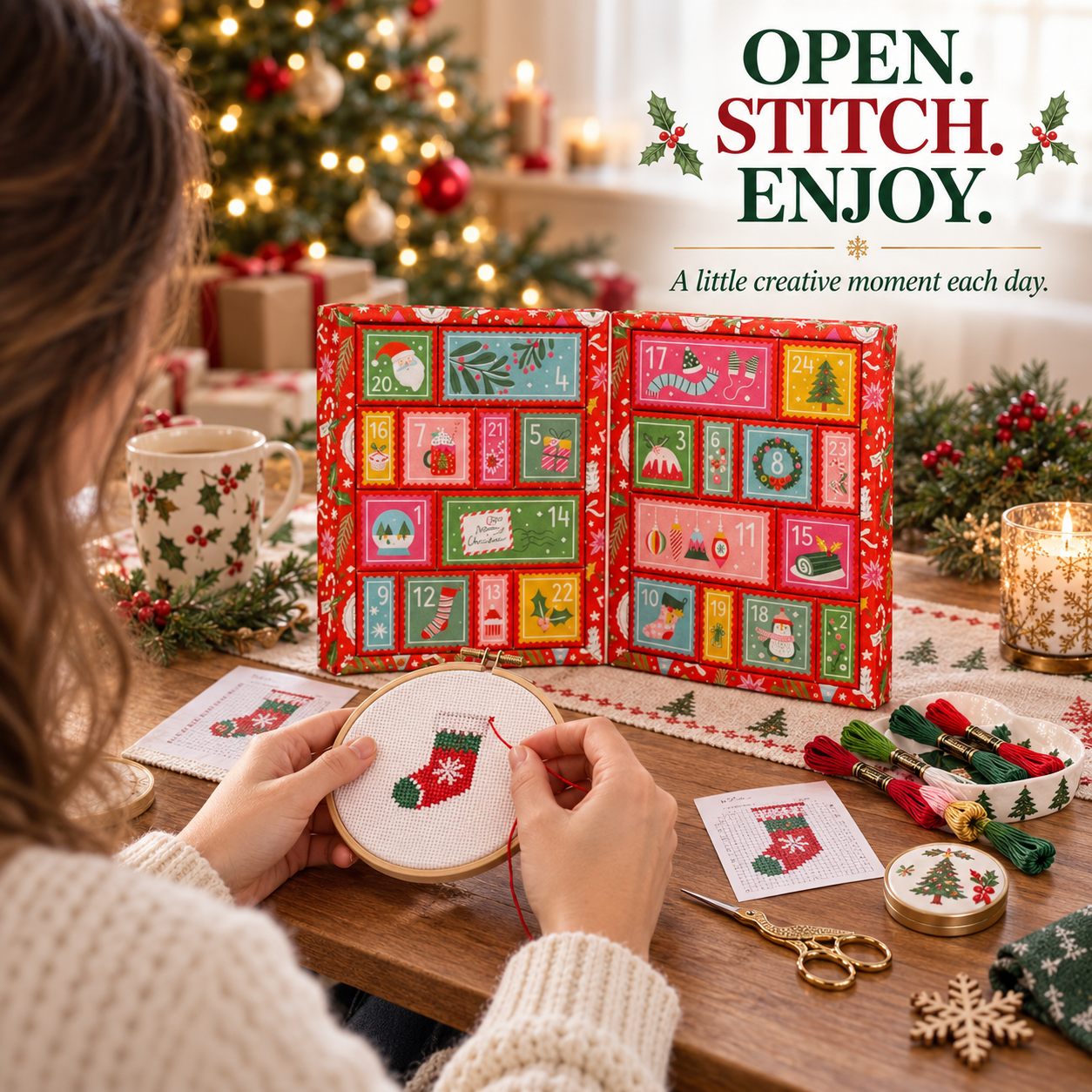 🧵 24-Day Cross Stitch Advent Calendar – Daily Stitching Kit Countdown 🎄