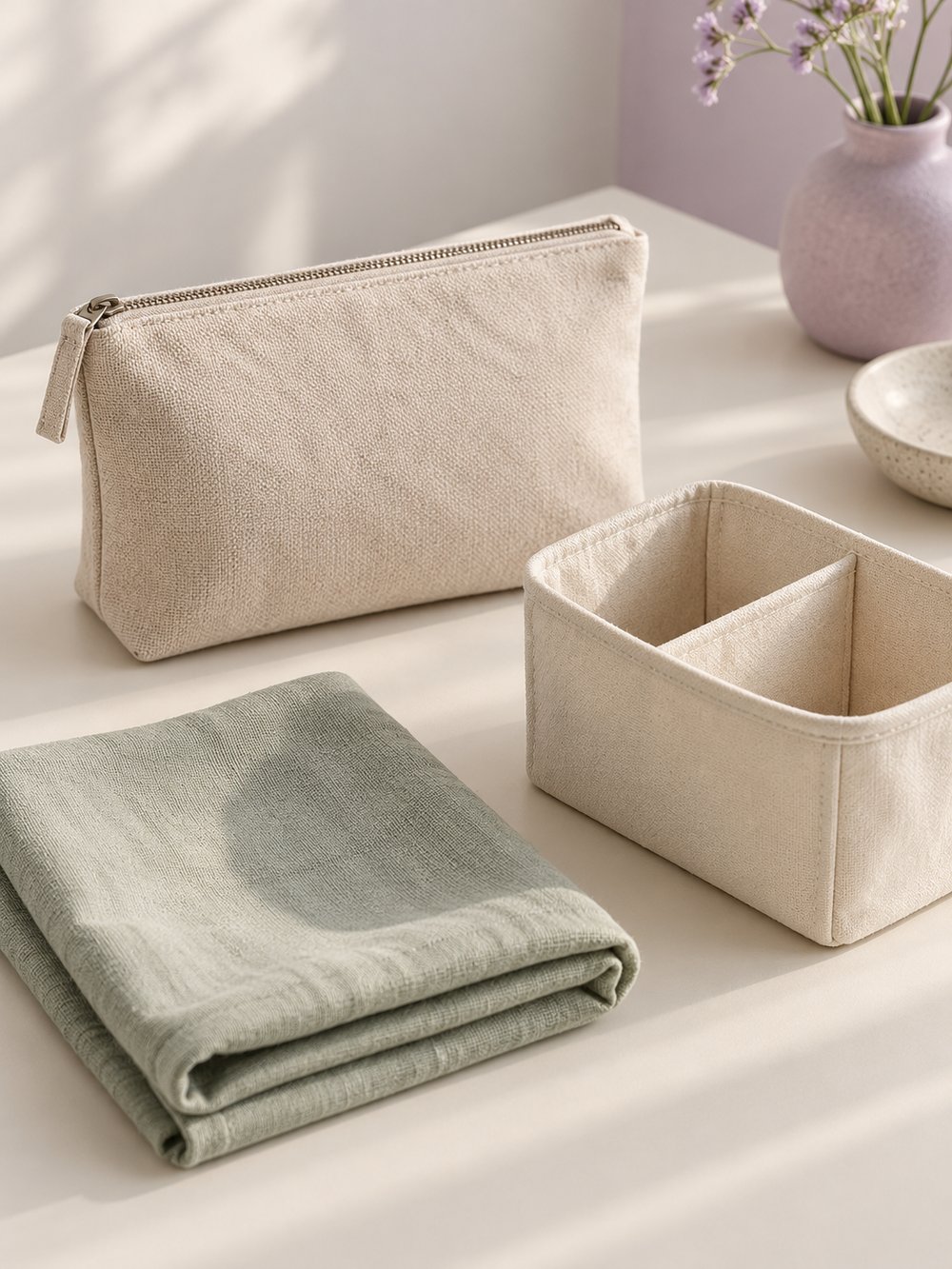Cotton pouch, soft green cloth and fabric organiser on a cream surface