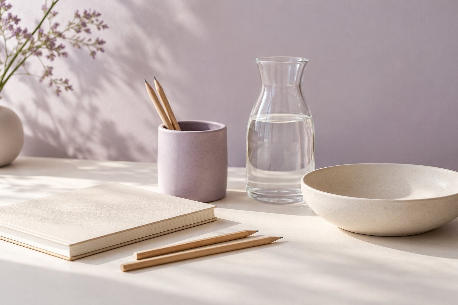 Cream notebook, pencils, lilac ceramic pencil cup, glass carafe and ivory bowl
